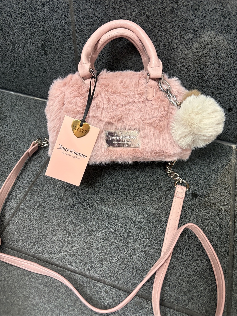 EXCLUSIVE Juicy Couture Blush Pink Faux-Fur Mini Satchel with Pom-Pom Charm